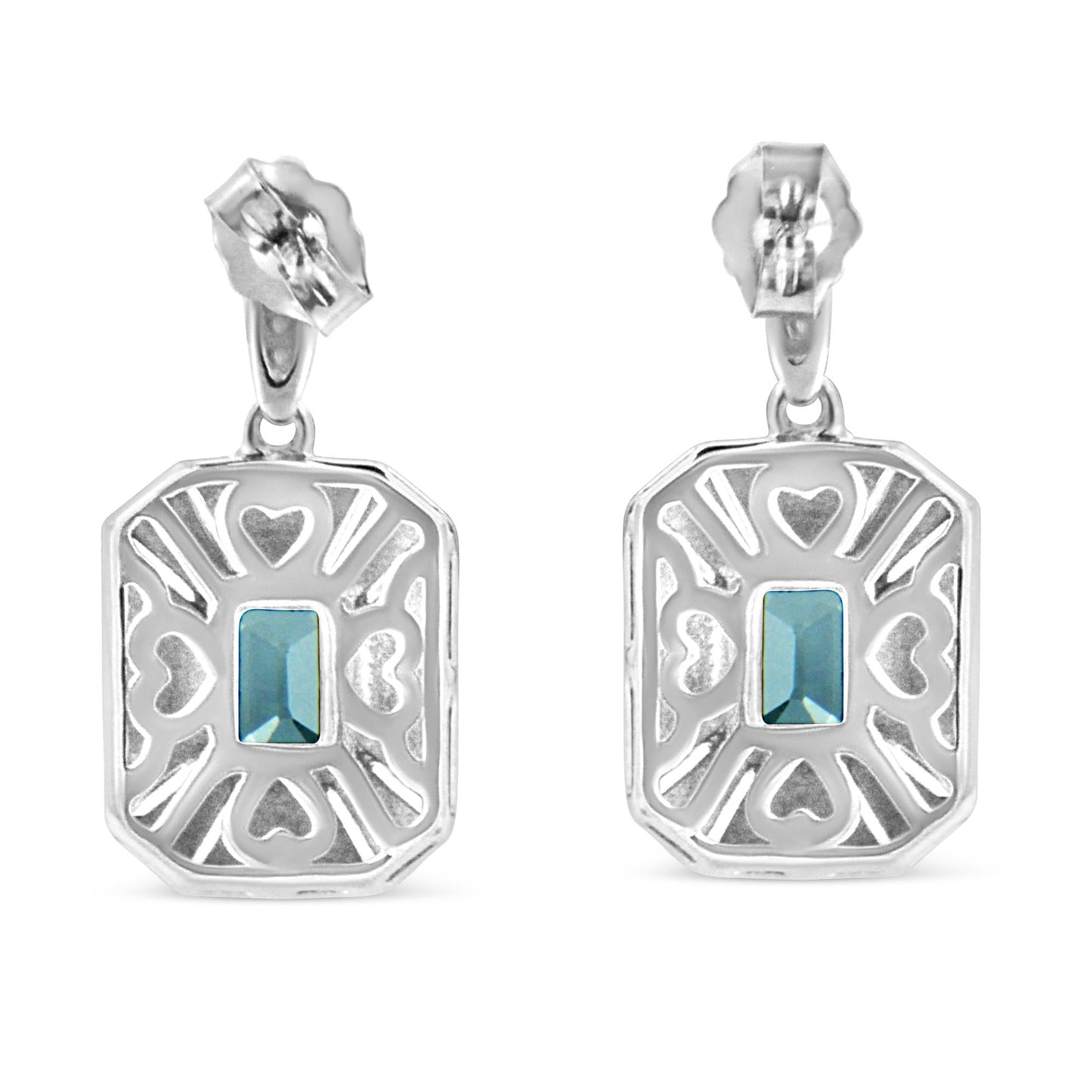 .925 Sterling Silver 7x5MM Emerald Shape Blue Topaz and Diamond Accent Art Deco Halo Style Drop and Dangle Earrings (I-J Color, I1-I2 Clarity)-3