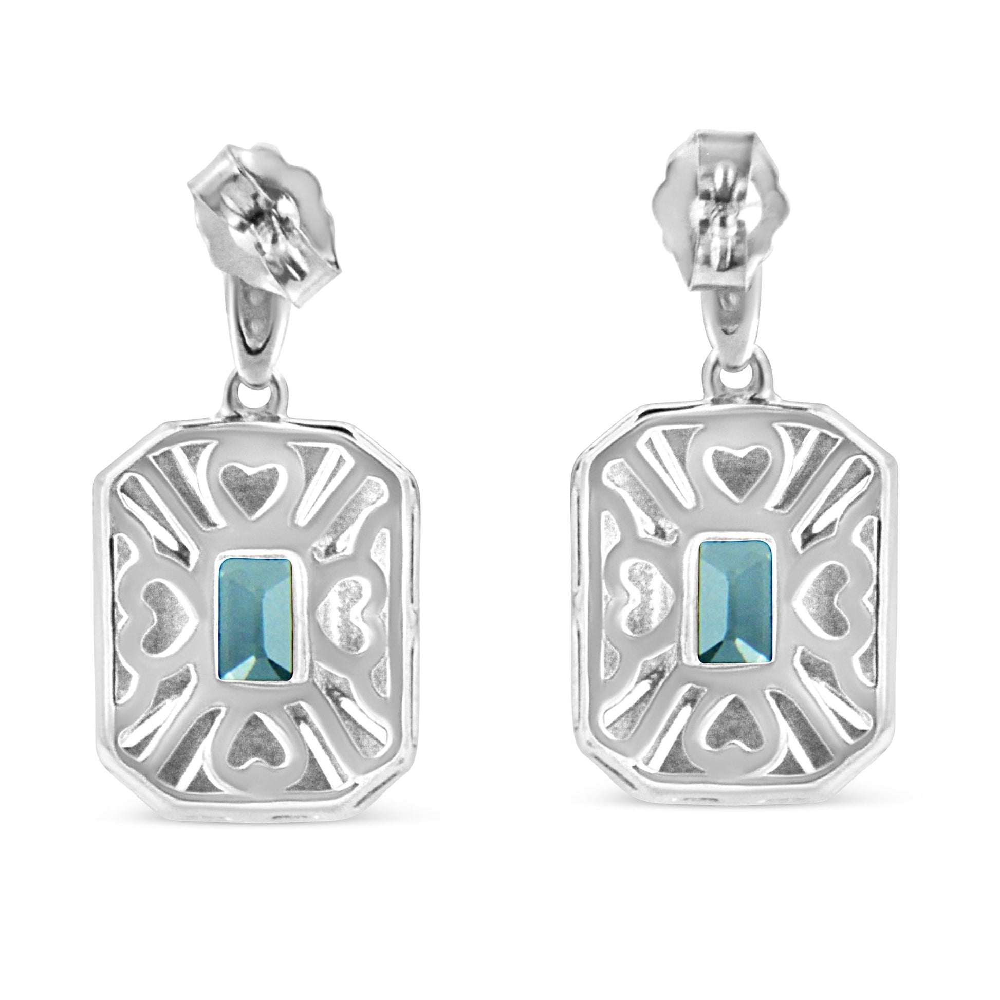 .925 Sterling Silver 7x5MM Emerald Shape Blue Topaz and Diamond Accent Art Deco Halo Style Drop and Dangle Earrings (I-J Color, I1-I2 Clarity)-3