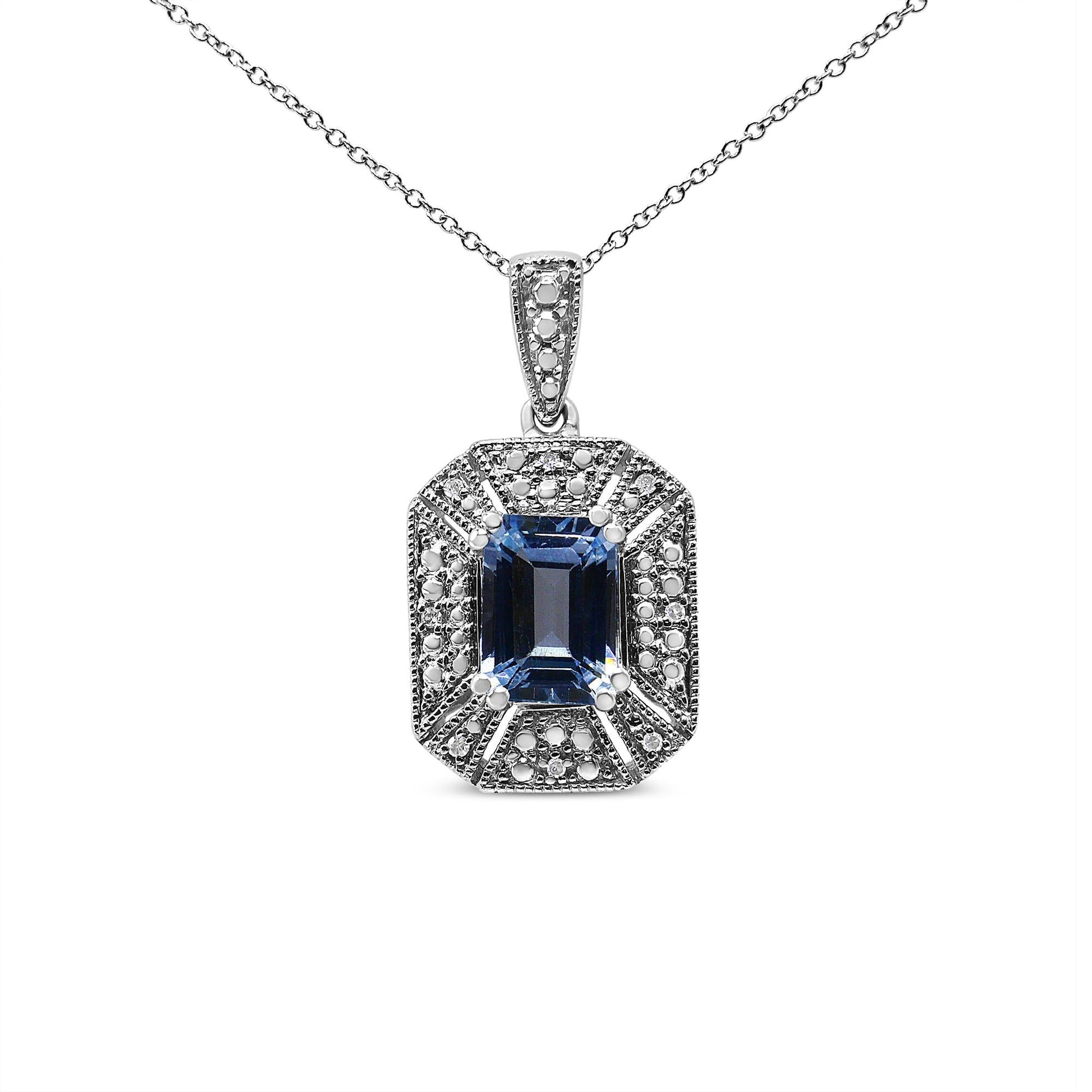 .925 Sterling Silver Blue Topaz and Diamond Accent Art Deco Style 18" Pendant Necklace (I-J Color, I1-I2 Clarity)-3