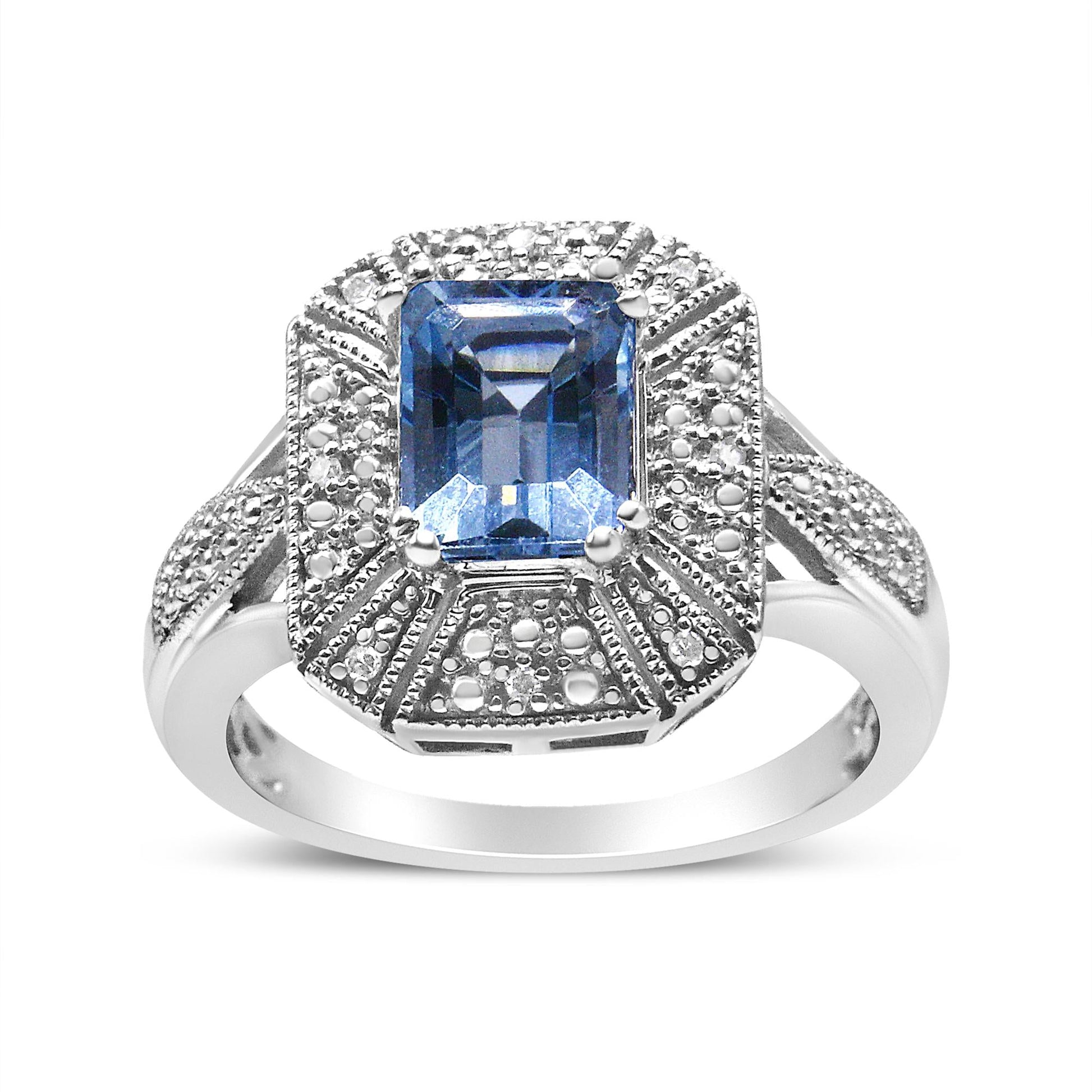 .925 Sterling Silver Diamond Accent and 8X6 mm Emerald-Shape Blue Topaz Ring (I-J Color, I2-I3 Clarity)-3