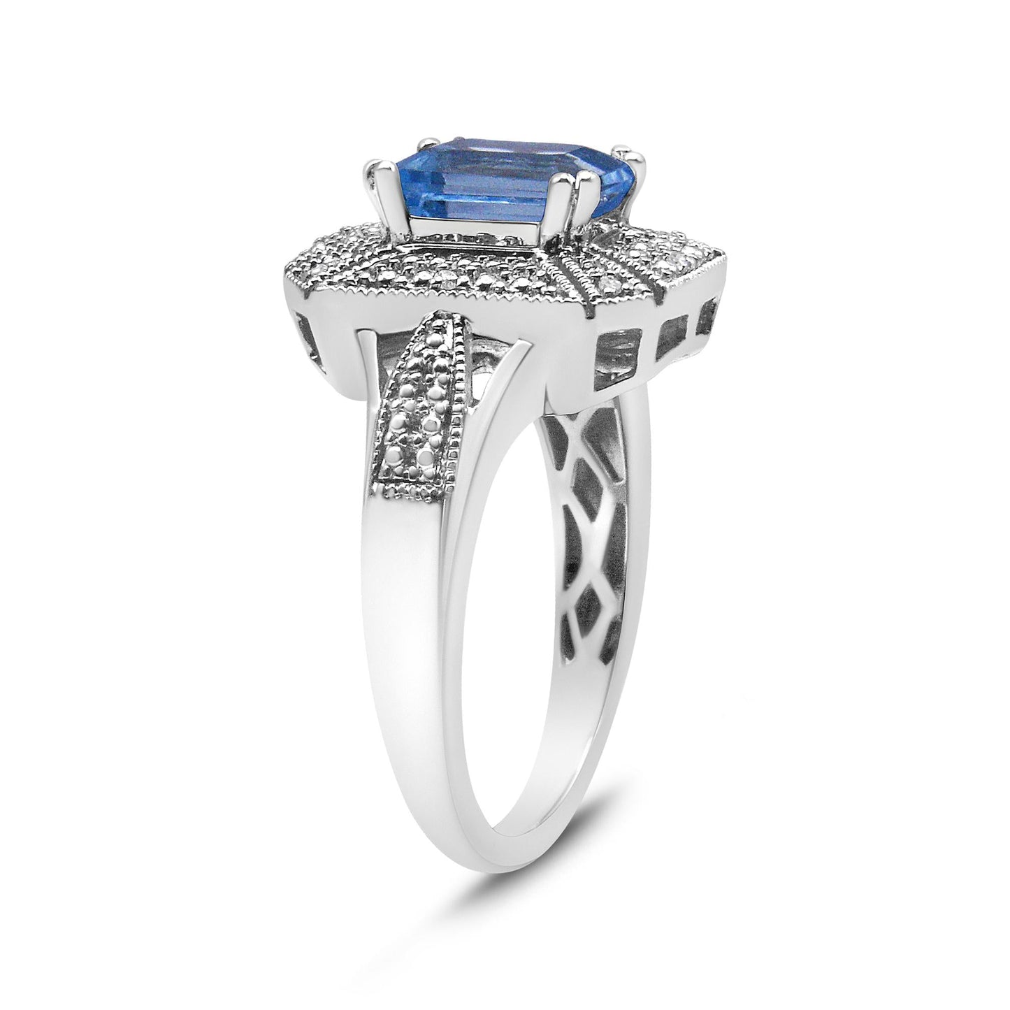 .925 Sterling Silver Diamond Accent and 8X6 mm Emerald-Shape Blue Topaz Ring (I-J Color, I2-I3 Clarity)-4