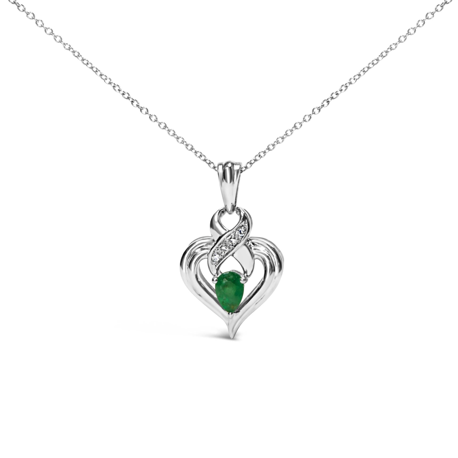 .925 Sterling Silver 6x4mm Pear Emerald and Diamond Accent Heart Pendant Necklace (H-I Color, SI1-SI2 Clarity) - 18 Inches-0