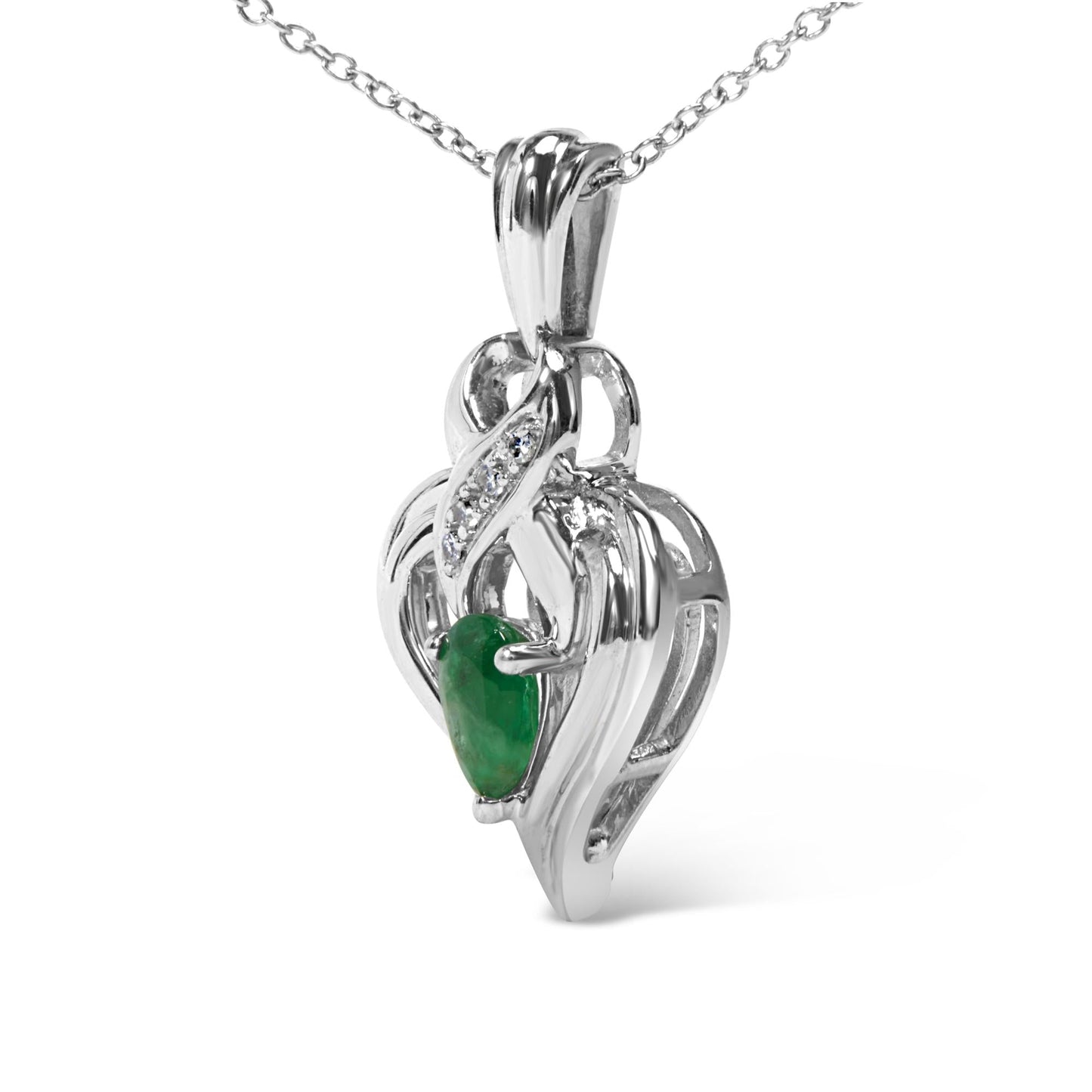 .925 Sterling Silver 6x4mm Pear Emerald and Diamond Accent Heart Pendant Necklace (H-I Color, SI1-SI2 Clarity) - 18 Inches-3