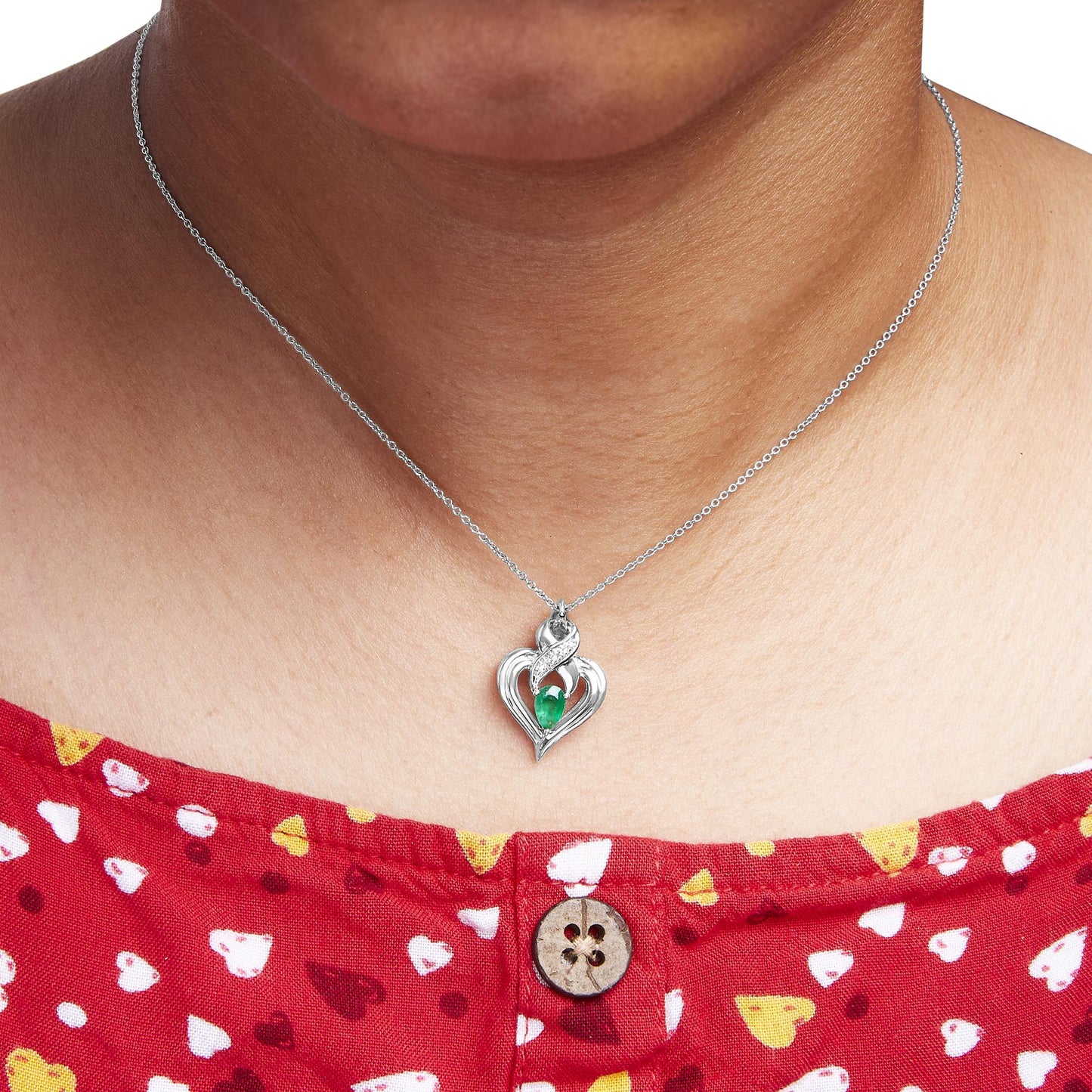 .925 Sterling Silver 6x4mm Pear Emerald and Diamond Accent Heart Pendant Necklace (H-I Color, SI1-SI2 Clarity) - 18 Inches-2