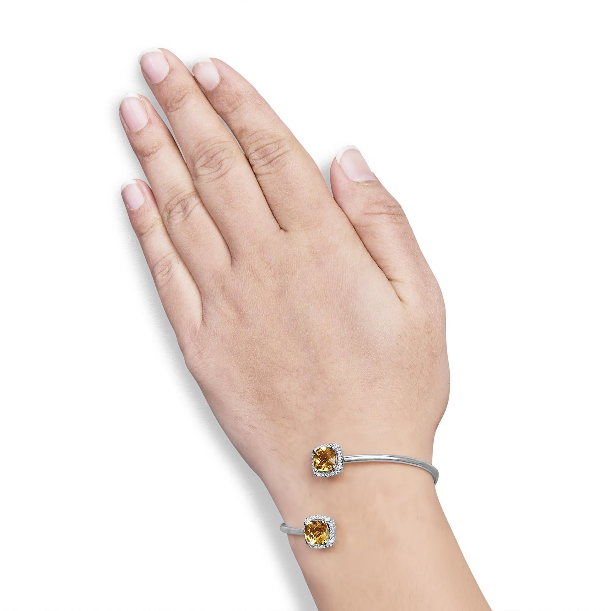 .925 Sterling Silver 8mm Cushion Cut Yellow Citrine Gemstone and Diamond Accent Split Bypass Bangle Bracelet (H-I Color, SI1-SI2 Clarity)  - Fits up to 7.75" Inches-2