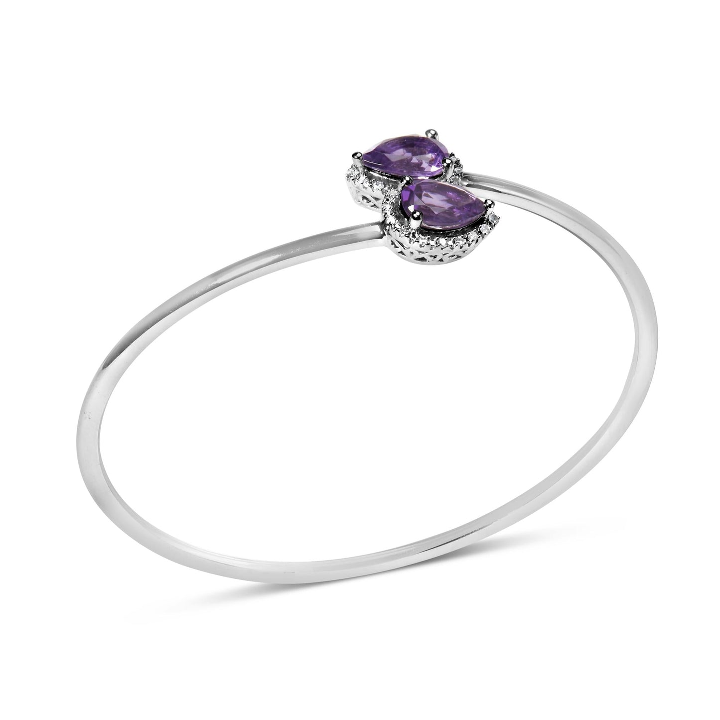 .925 Sterling Silver 8 x 5.5mm Pear Shape Amethyst  and Diamond Accent Halo Bypass Bangle Bracelet (H-I Color, SI1-SI2 Clarity)  - Fits up to 7" Inches-3