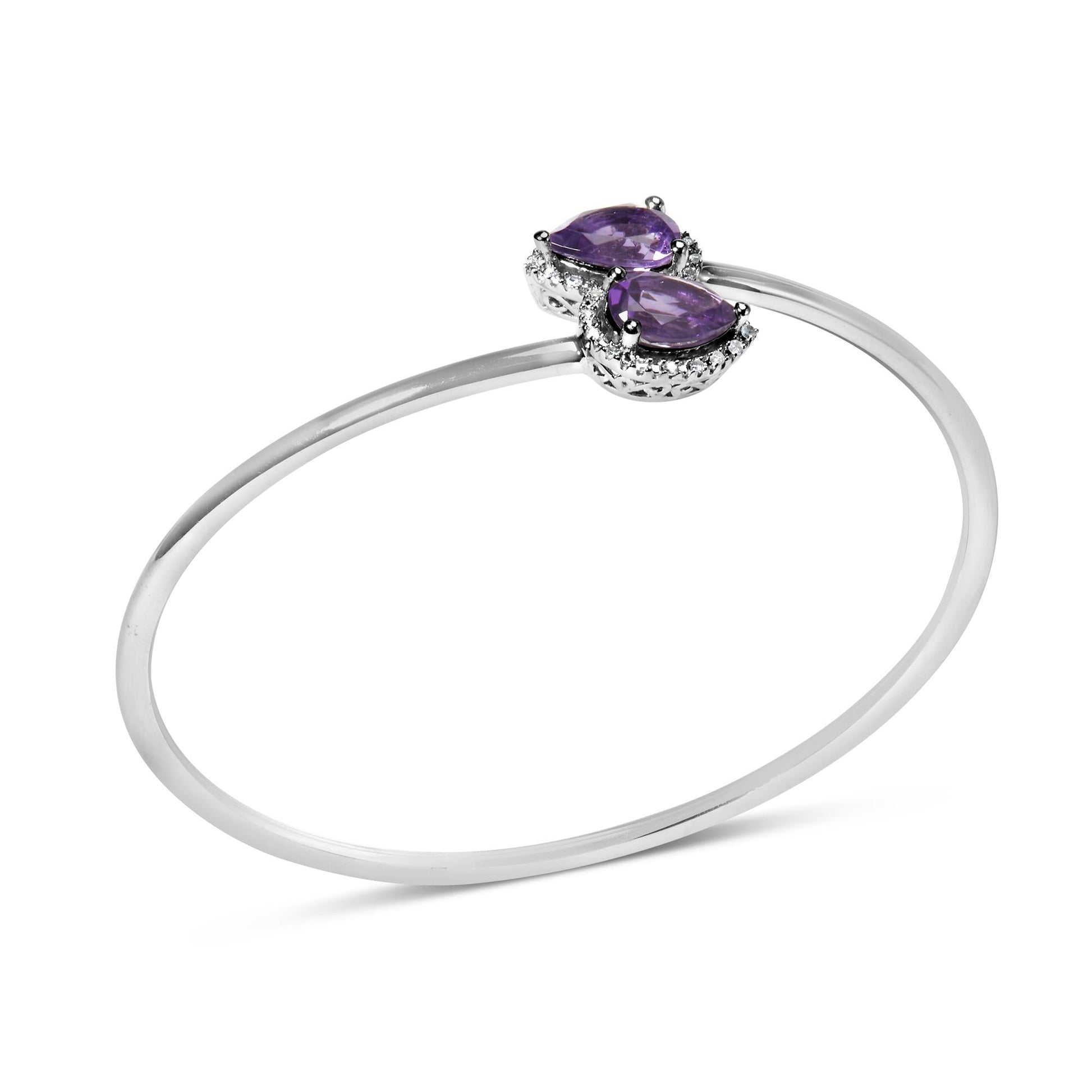 .925 Sterling Silver 8 x 5.5mm Pear Shape Amethyst  and Diamond Accent Halo Bypass Bangle Bracelet (H-I Color, SI1-SI2 Clarity)  - Fits up to 7" Inches-3
