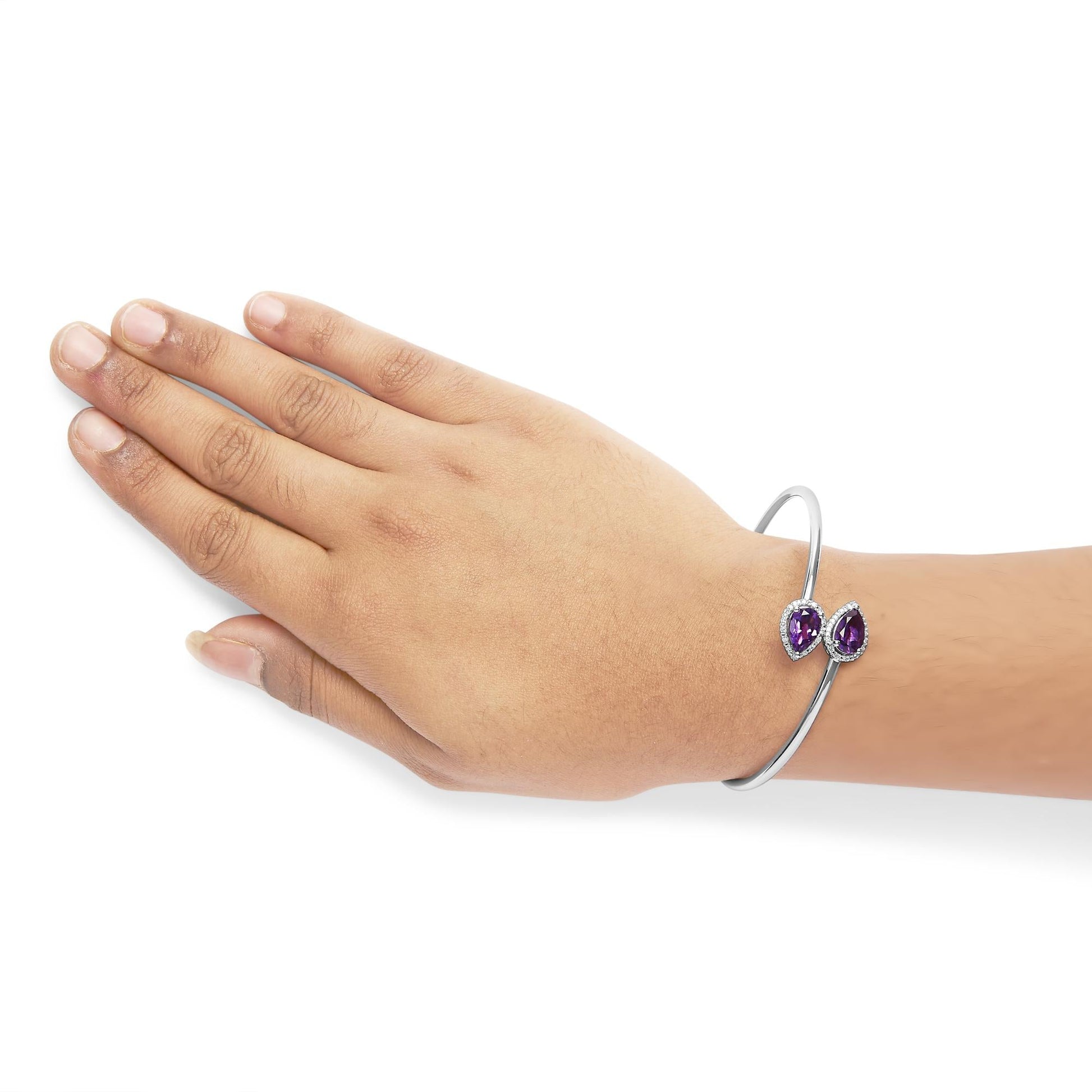.925 Sterling Silver 8 x 5.5mm Pear Shape Amethyst  and Diamond Accent Halo Bypass Bangle Bracelet (H-I Color, SI1-SI2 Clarity)  - Fits up to 7" Inches-2