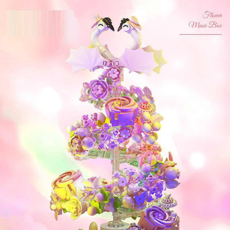 Christmas Gift Children's Toy Swan Rotating Flower Music Box Assembly Building Blocks with Lighting Music