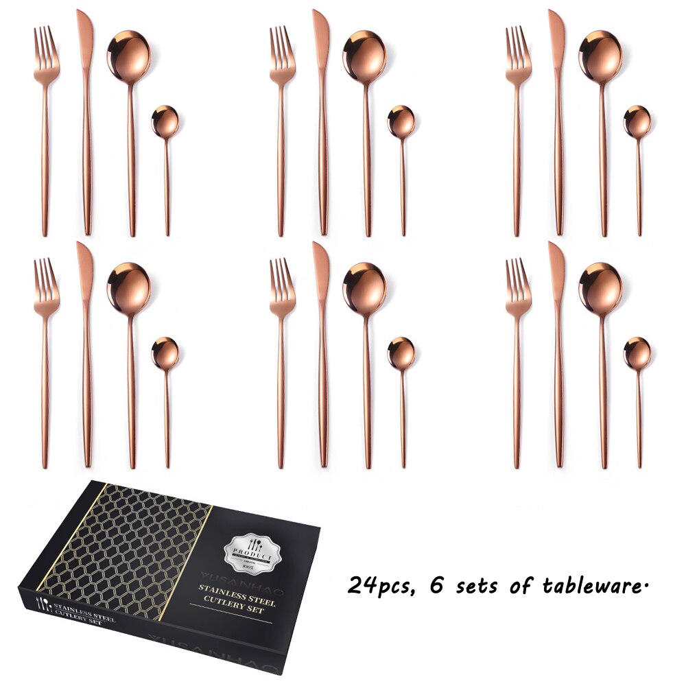 24pcs Dinnerware Set Stainless Steel Tableware Set Knife Fork Spoon Flatware Set Safe Cutlery Set Gift Box Restaurant Silver