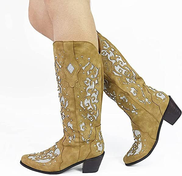 New European and American Retro Pointed Womens Shoes Embroidered Ethnic Style High Sleeve Solid Thick Heel Large Fashion Boots