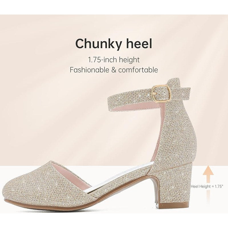 Laurmosa Girl Size 3 Gold Glitter Ankle Strap Low 2" Heel Closed Toe Dress Shoes