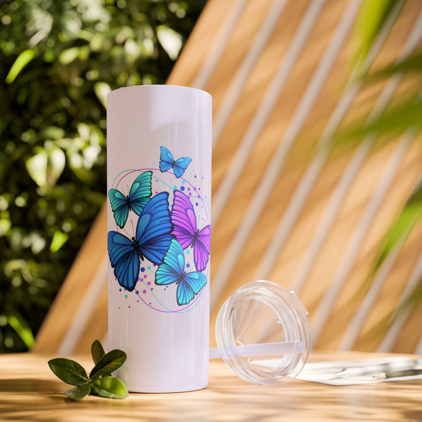 Butterfly Design Skinny Tumbler with Straw - 20oz Travel Mug