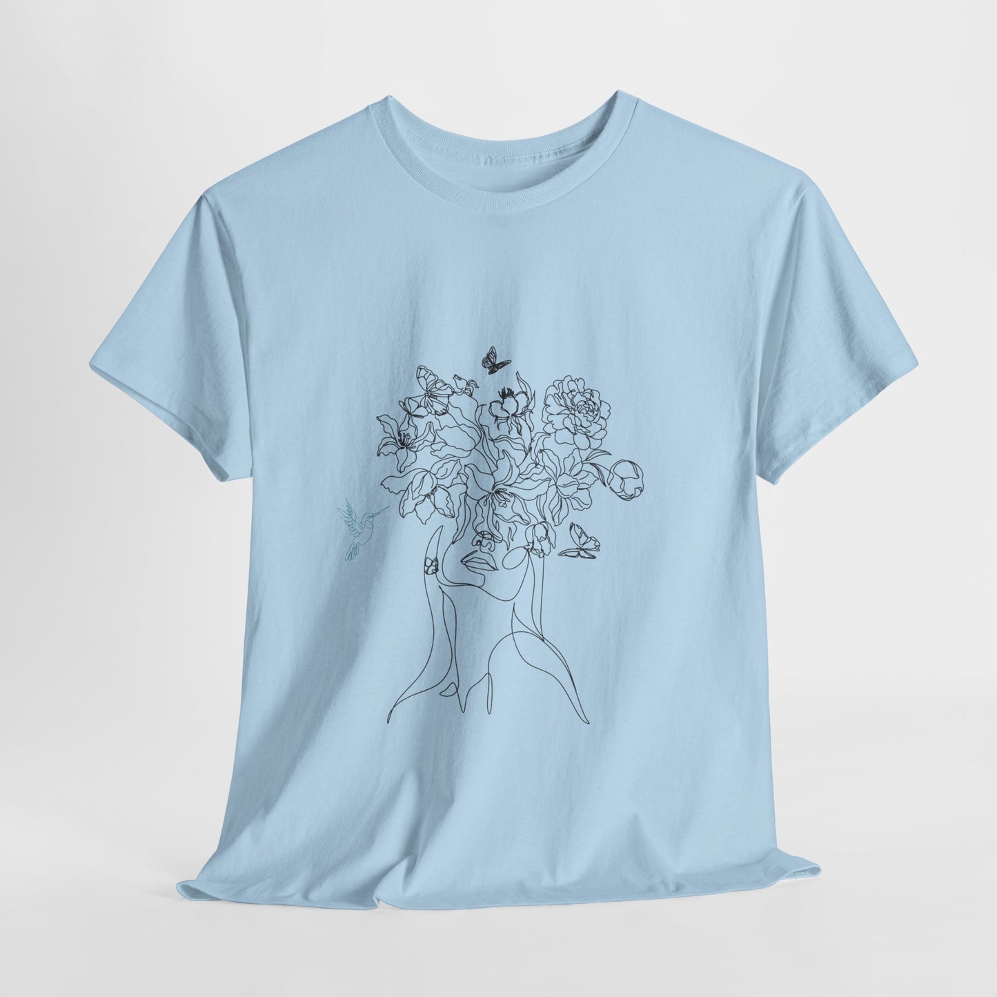 Floral Art Sketch Woman Flowers Hummingbird Unisex Heavy Cotton Tee - Beautiful Gift for Her, Everyday Comfort, Spring Style, Unique Graphic Shirt