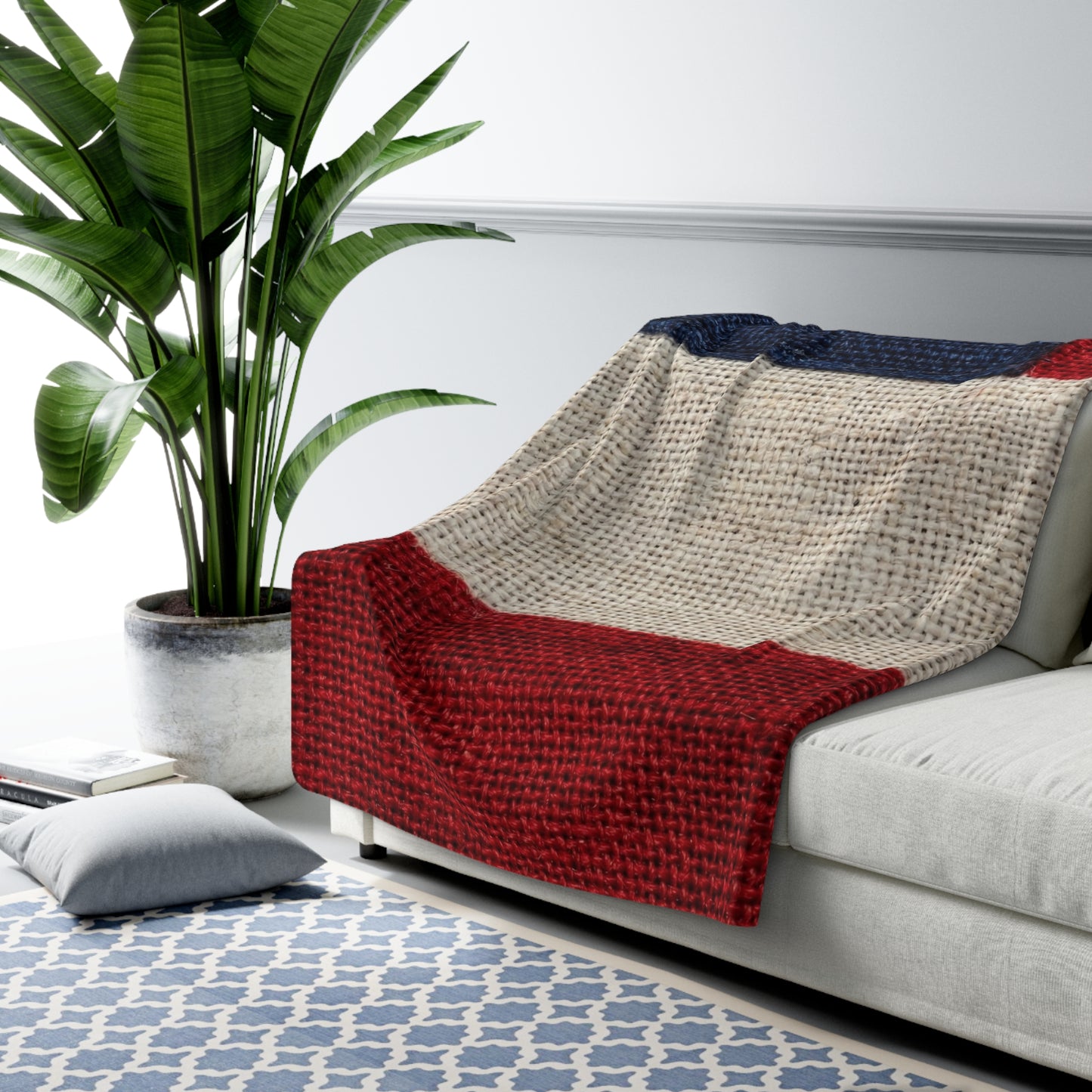 American Flag Burlap Texture Print Sherpa Blanket Patriotic Stars Stripes Throw