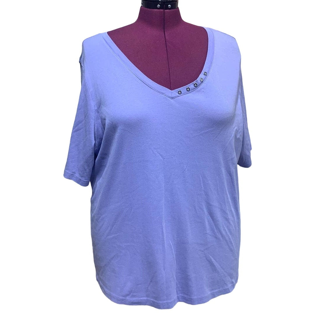 Karen Scott 3X Short Sleeve VNeck 100% Cotton Silver Button Detail Tee Shirt