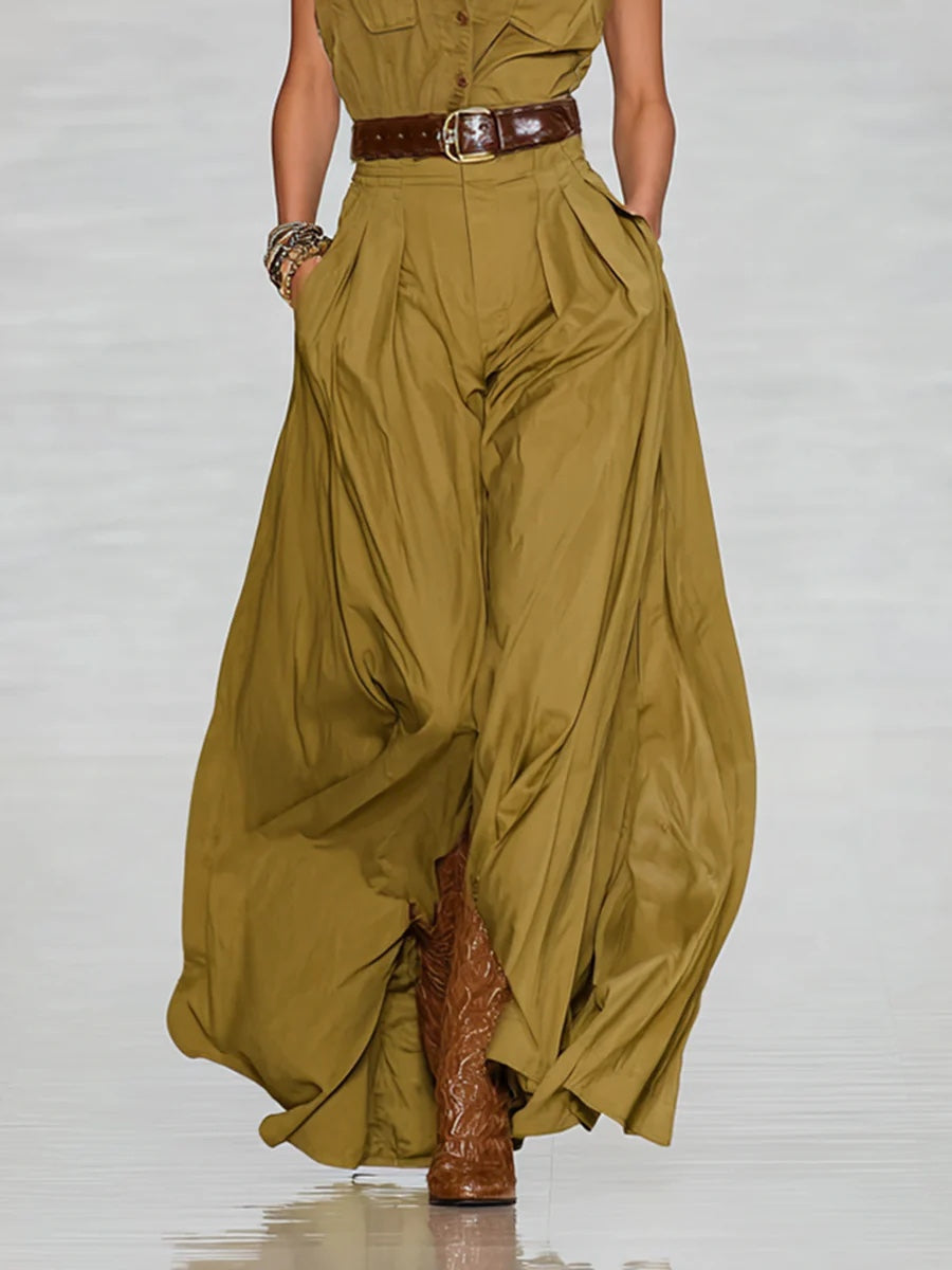 Women's Short-Sleeve Shirt Maxi Dress With Pockets – A-Line Stand Collar