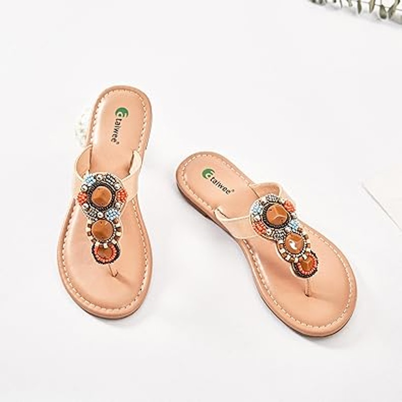 Ataiwee Womens Size 7.5 Brown Beaded Thong Flat Slide On Open Toe Sandals Shoes