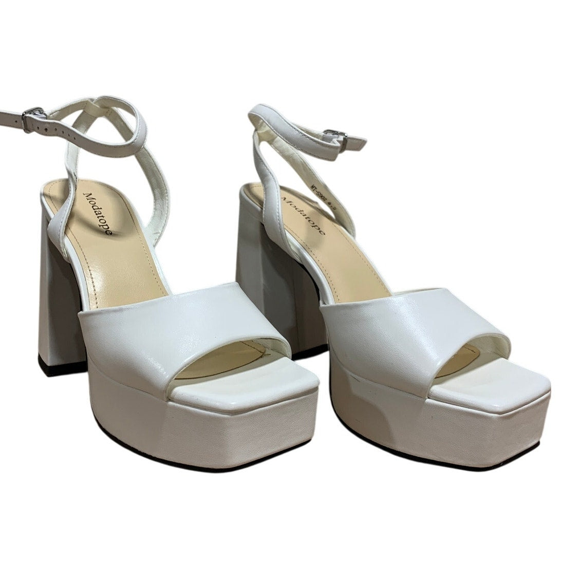 Modatope Womens 6.5 White 4.5" Platform Heels Open Square Toe Ankle Strap Shoes