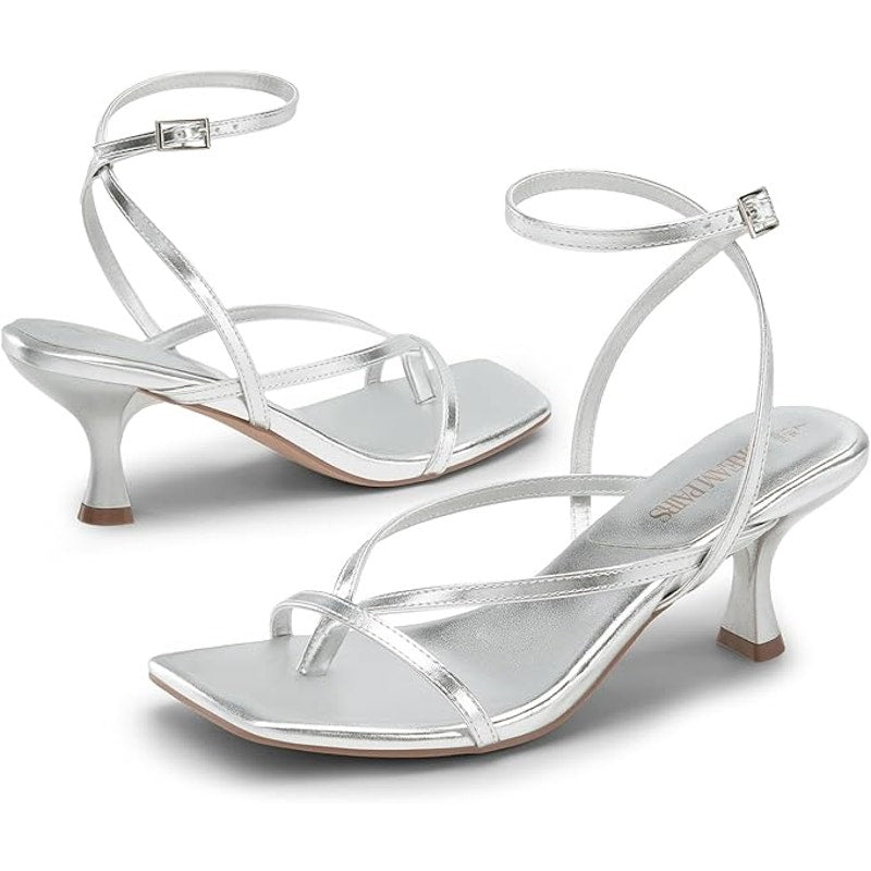 Dream Pairs Womens Size 7.5 Silver 3" Heel Open Square Toe Ankle Strap Shoes