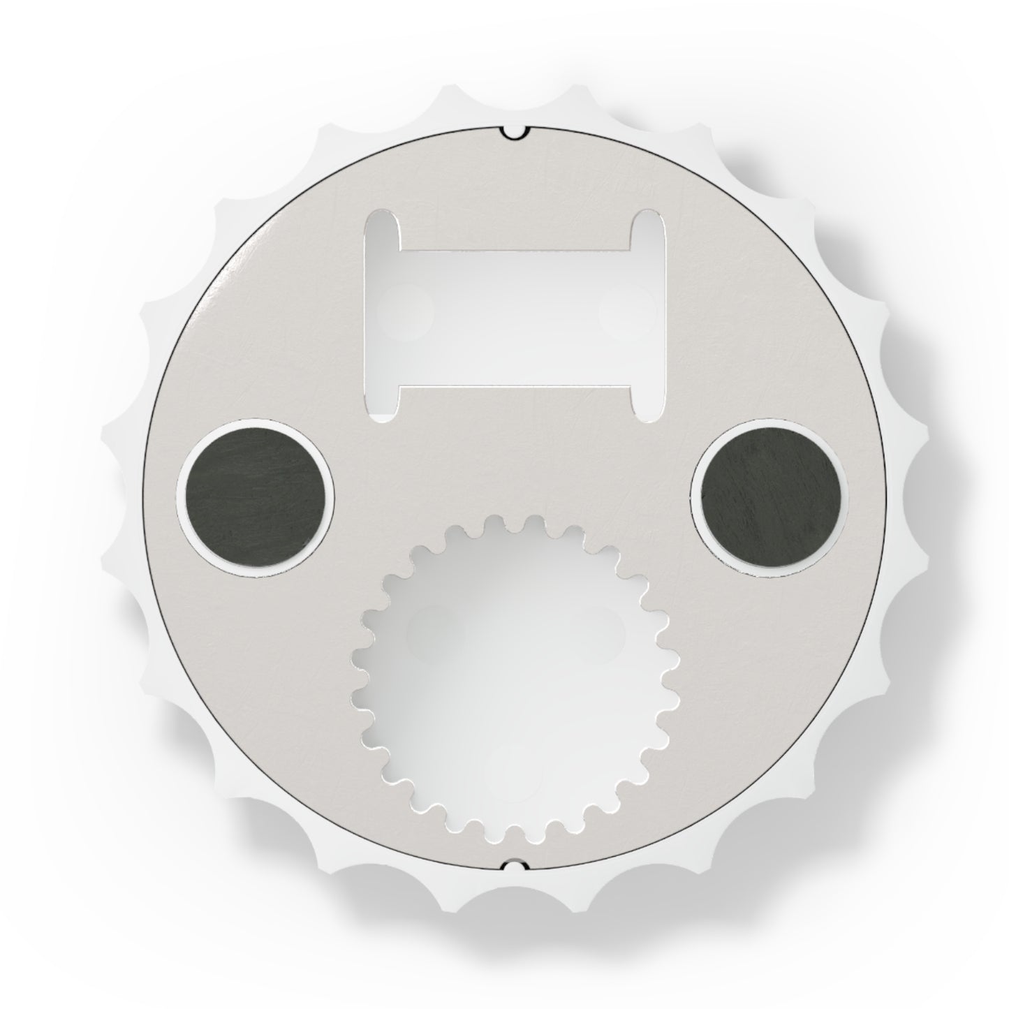 Metallic gear or sprocket on a white background Magnetic bottle opener featuring a vintage embroidered-style "Triumph for Trump – Make Peace Treaties Great Again" graphic attached to a stainless steel refrigerator.