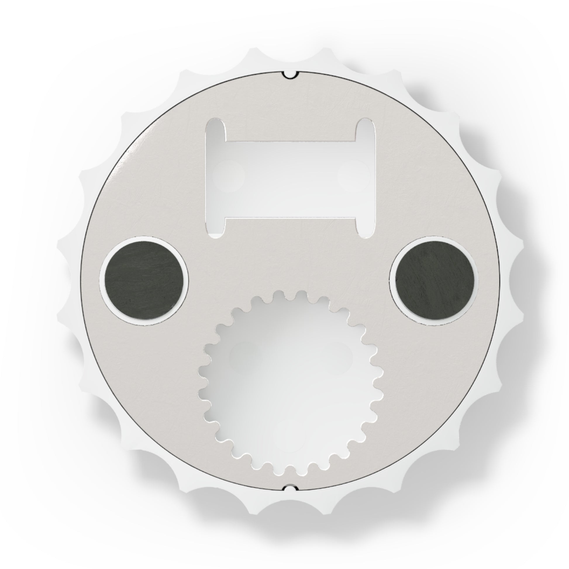 Metallic gear or sprocket on a white background Magnetic bottle opener featuring a vintage embroidered-style "Triumph for Trump – Make Peace Treaties Great Again" graphic attached to a stainless steel refrigerator.
