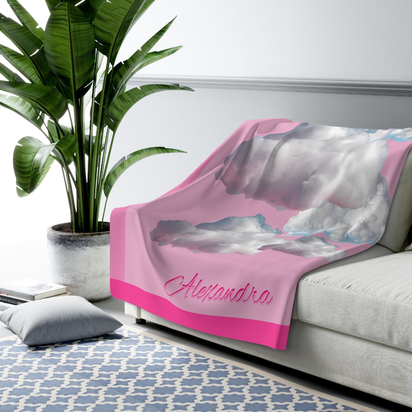 Personalized Cloud Name Sherpa Blanket - Pink Clouds, Cozy Throw