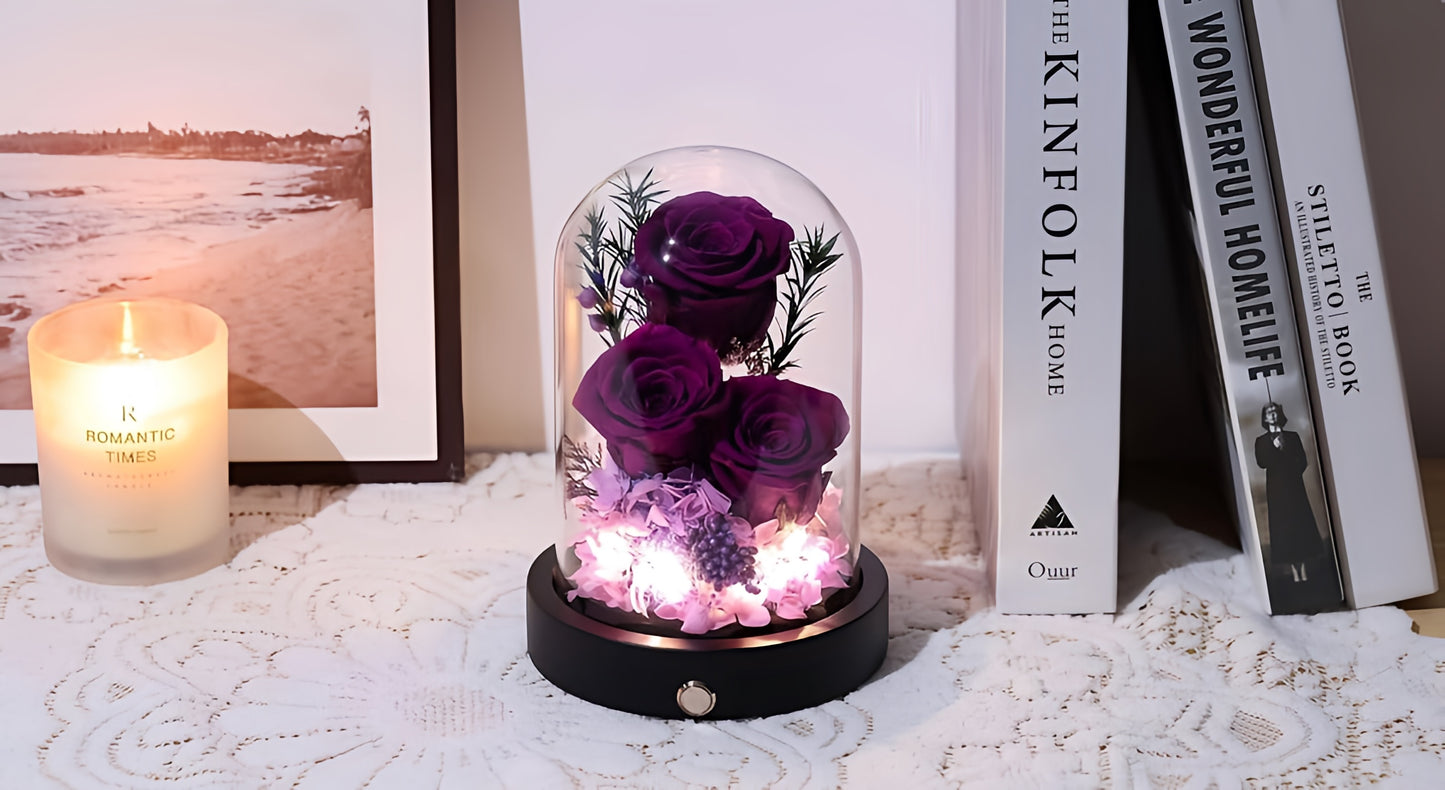 100% Real Preserved Flowers in Glass Dome with LED, Red Roses for Delivery