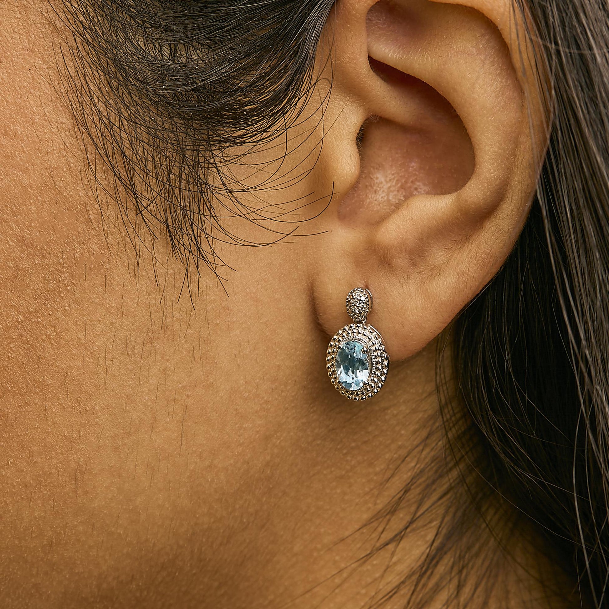 .925 Sterling Silver Diamond Accent and  Oval Blue Topaz with Beaded Halo Drop Stud Earrings (I-J color, I1-I2 Clarity)-2