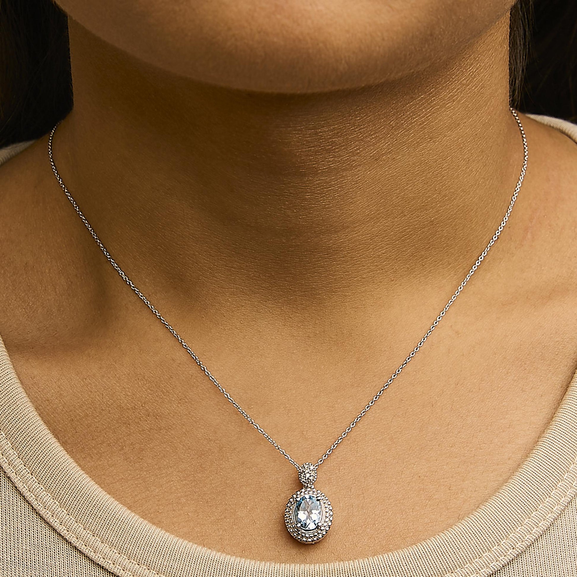 .925 Sterling Silver Oval Blue Topaz and Diamond Accent with Beaded Halo Pendant Necklace - 18" Inches-2