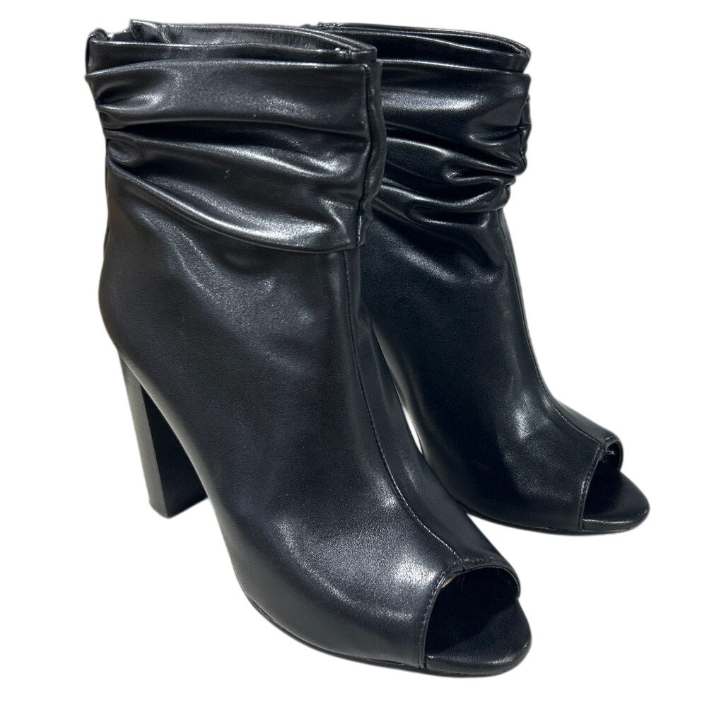 FSJ Womens Size 8 Black 4" Chunky Heel Ankle Boots Round Peep Toe Back Zip Shoes