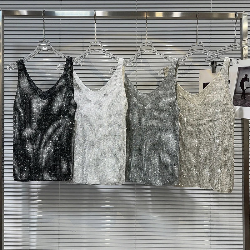 Hot pressed diamond collar knitted camisole vest women's top