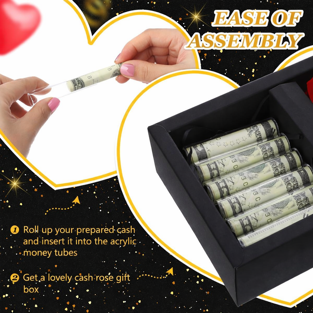 Valentine's Day Money Box for Cash Money Gifts - 2 Velvet Rose Flowers with 6 Acrylic Tubes