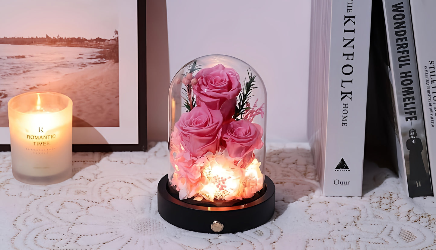 100% Real Preserved Flowers in Glass Dome with LED, Red Roses for Delivery