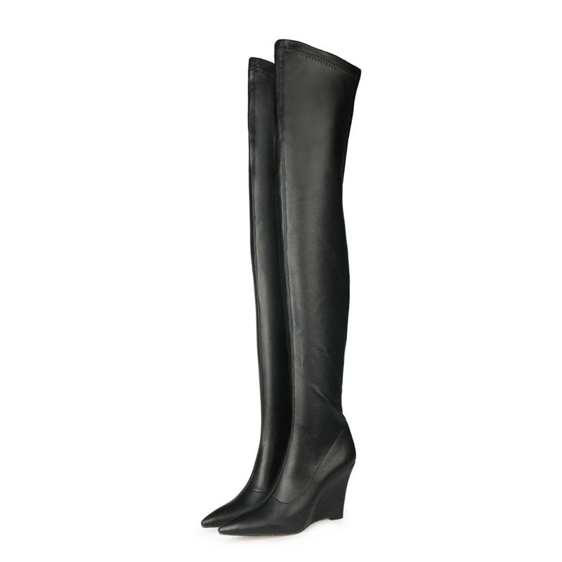Elegant Woman Thigh High Botas Outdoor Wedges Leather Slip-on Ladies Shoes Thick Bottom Over-knee Boots Big Size 33-43