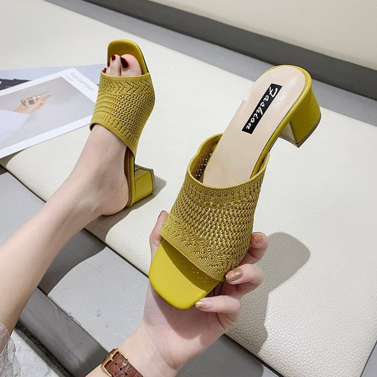 Mid Heel Sandals and Slippers for Women's Summer New Korean Edition Flying Weave Outerwear Fashion Women's Sandals and Slippers