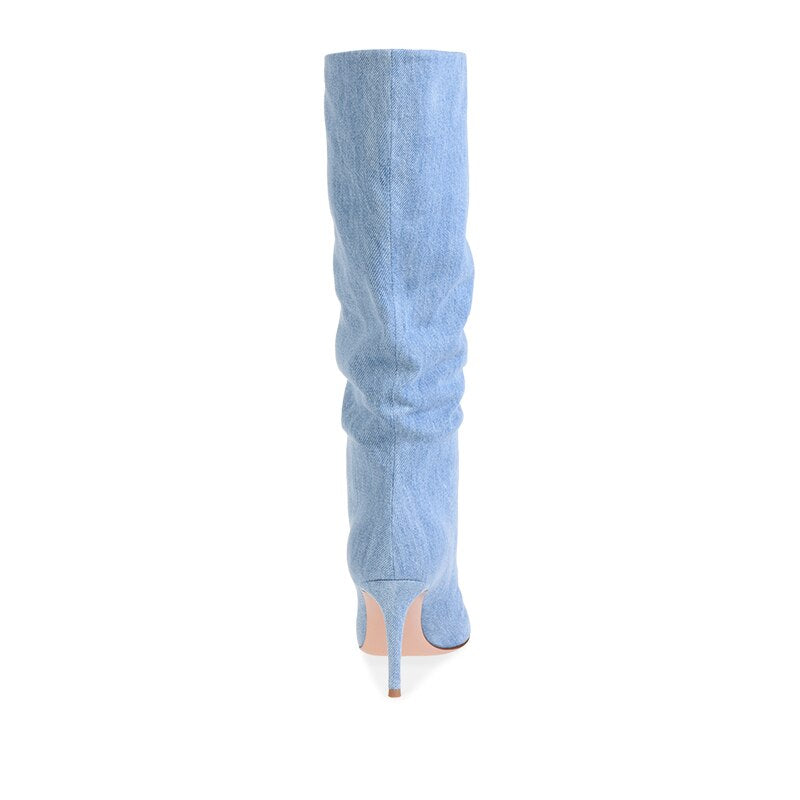 Pointed Toe High Heel Denim Knee High Slouchy Boots Womens Heeled Jeans Slouch Boots Ladies Mid Heel Spring Autumn Shoes
