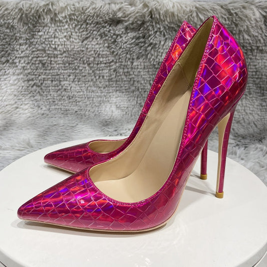 Tikicup Rose Laser Crocodile Effect Women Pointy Toe High Heel Party Dress Shoes Sexy Ladies Shiny Stiletto Pumps 8cm 10cm 12cm