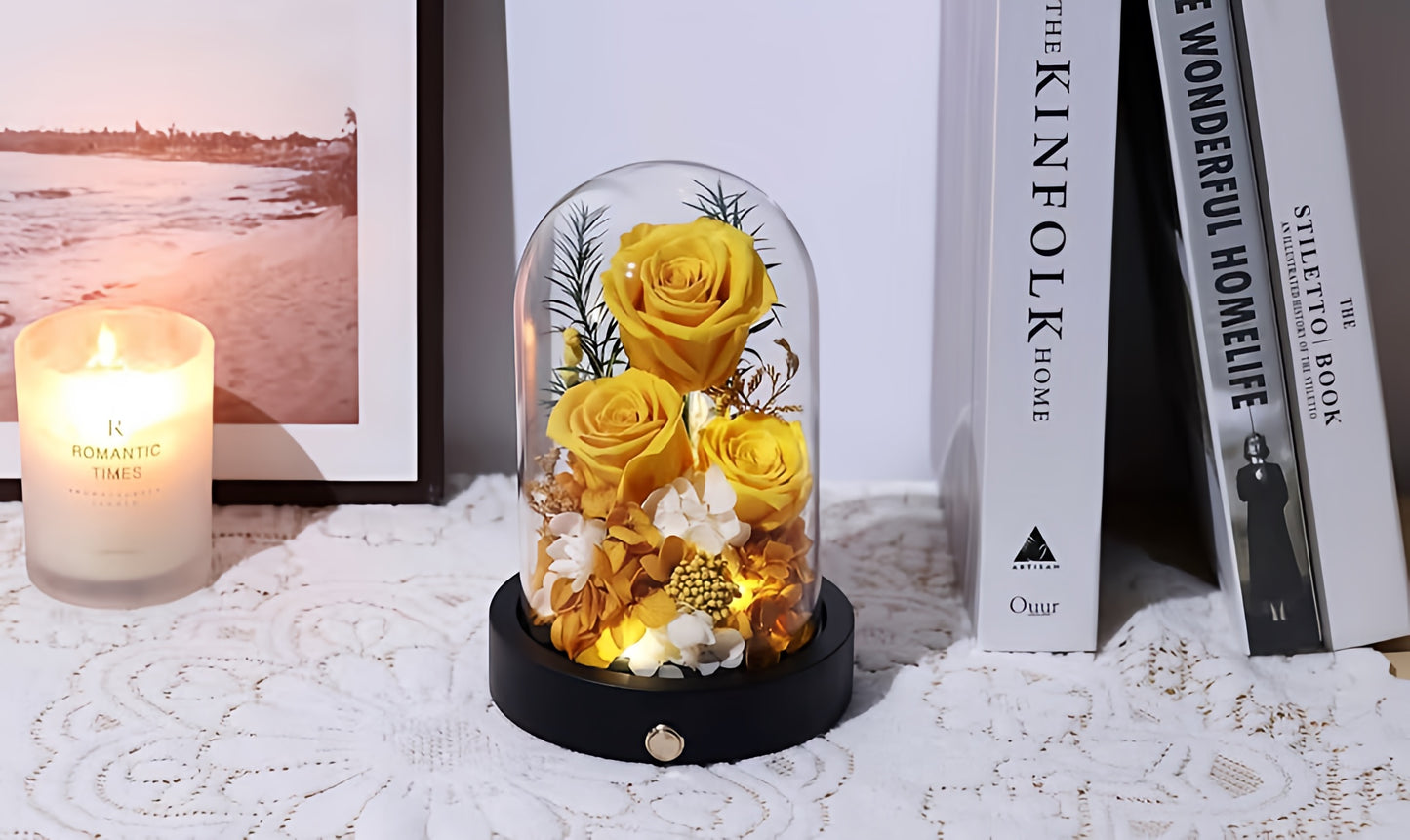 100% Real Preserved Flowers in Glass Dome with LED, Red Roses for Delivery