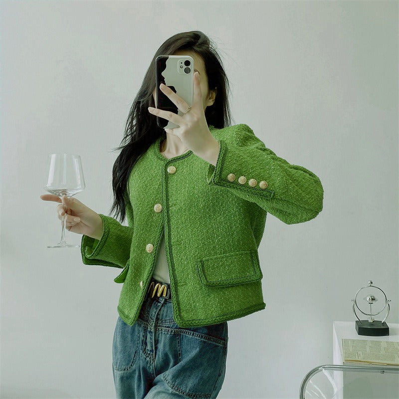 Green wool small fragrant style jacket for women's high-end design with a sense of spring and autumn temperament Short top