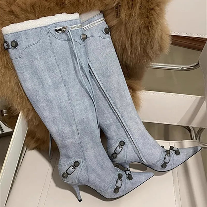 New Metal Rivet Women High Knee Boots Pointed Toe Thin Heels Designer Shoes Party Tassels Zipper-Sid Long Botas De Mujer