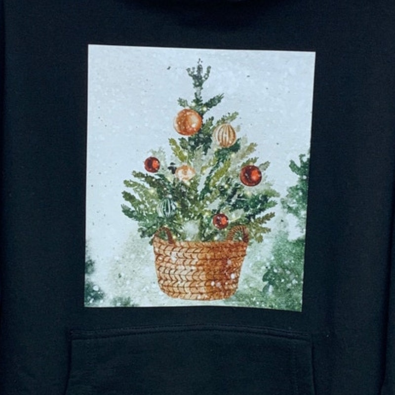 New Hand Printed Womens Medium Christmas Tree Holiday Long Sleeve Hoodie
