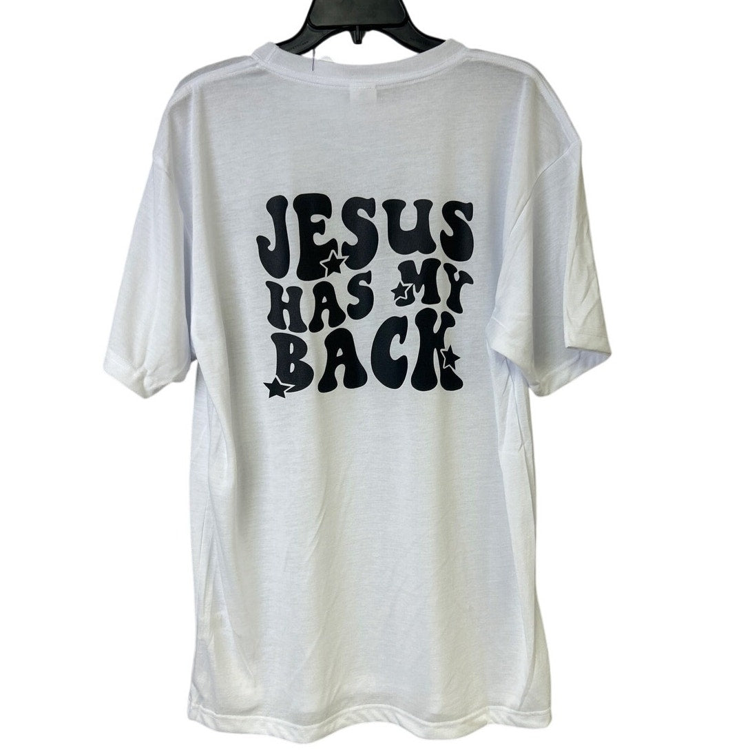 New Hand Printed Mens XL White Jesus Has My Back Short Sleeve Crew Tee Shirt