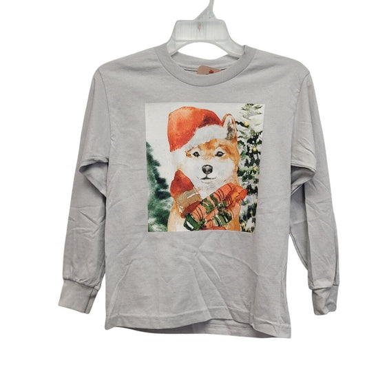 New Hand Printed Upcycled Child Small Christmas Santa Dog Long Sleeve Tee Shirt