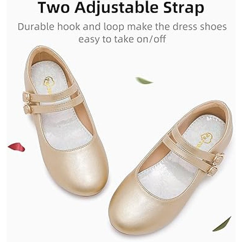 Parrosoo Toddler Girls Size 8 Matte Gold Flats Latch & Hook Close Dress Shoes