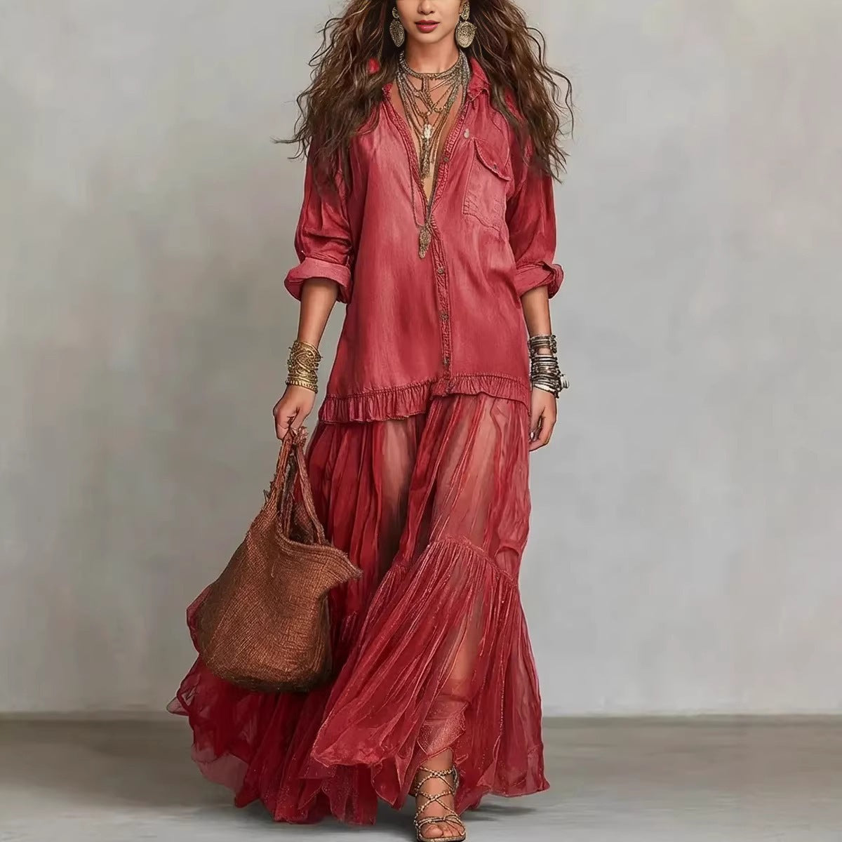 Women's Retro Lapel Collar Faux Denim Maxi Dress Casual Pocketed Dress
