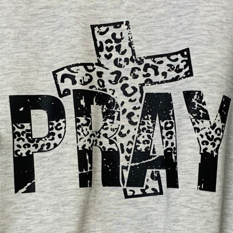 Hand Printed Upcycled Mens Large Gray Pray Crucifix Long Sleeve Sweatshirt