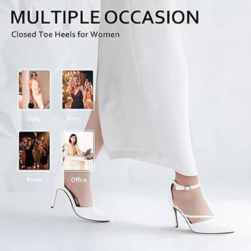 Idifu Womens 5.5 White 3.5" Stiletto Heel Pointed Closed Toe Ankle Strap Shoes