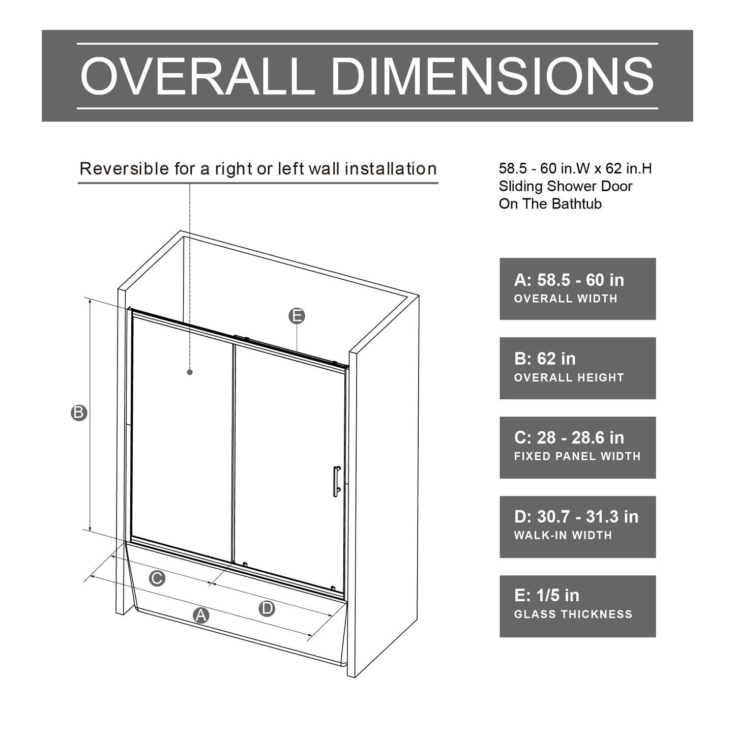 60" W x 62" H Single Sliding Shower Door for Bathtub