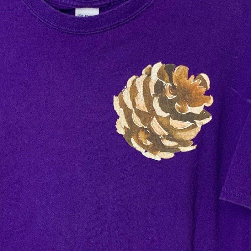Upcycled Hand Printed Mens XL Purple Pine Cone Cotton Crew Neck Tee Shirt